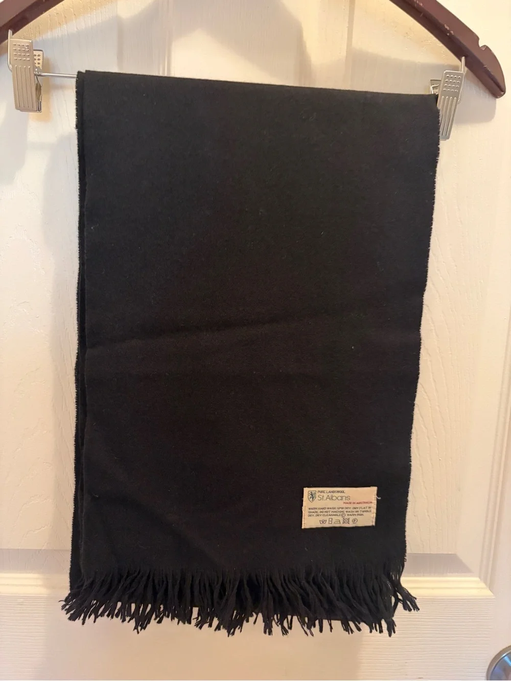 St Albans Pure Lambswool Scarf Black Fringe Made in Australia Soft Wool 12x72